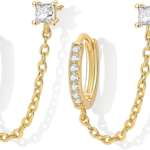 Elegant 18K Gold Plated Sterling Silver Double Piercing Chain Earrings with Cubi - Picture 2 of 7